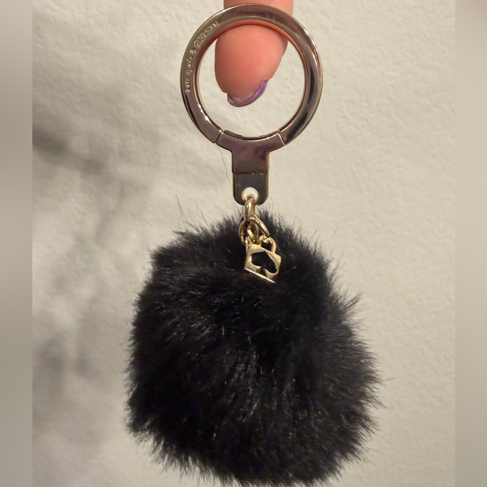 kate spade Black Faux Fur Pom Keychain with Gold Hardware